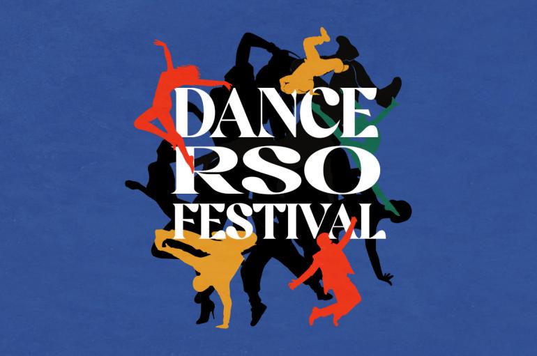 blue background with abstract art of dancers with the text "Dance RSO showcase" on top